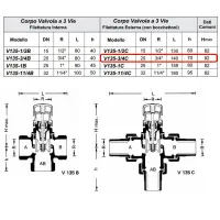 V135-3/4C Valvola deviatrice a tre vie, R 3/4 pol, 3,2 Kvs V135-3/4C