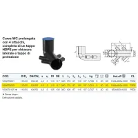 Curva WC prolungata ø110/50 con 4 attacchi, completa di un tappo HDPE per chiusura laterale e tappo di protezione VS0379003