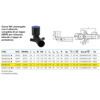 Curva WC prolungata ø110/50 con 2 attacchi, completa di un tappo HDPE per chiusura laterale e tappo di protezione VS0381007