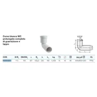 Curva bianca WC prolungata completa di guarnizione e tappo - ø110 mm L.230 mm - gamma PP3 VS0543001