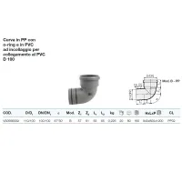 Curva in PP 87°30' con o-ring e in PVC ad incollaggio per collegamento al PVC D. 100 - ø110/100 mm - gamma PP3 VS0566009