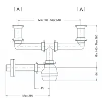 Sifone tipo "M" ø1"1/2 per lavelli a due vasche, senza pilette, completo di raccordi - Tubo ottone ø40 1433.099