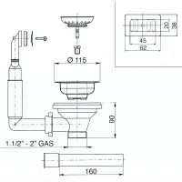 Piletta BASKET per lavelli con foro ø 90 con troppo pieno rettangolare. Uscita 1"1/2 - A max 32 mm 1745.040