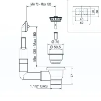 Piletta BASKET "MINI" con foro ø60 flangia ø70 uscita 1"1/2 Gas con troppo-pieno rettangolare per lavelli inox 1754.002