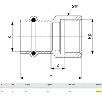 Manicotto Prestabo FF ø28x1"F con SC‑Contur acciaio al carbonio, zincato estremità a pressare femmina, filettatura Rp 559120