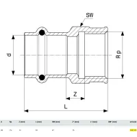 Manicotto ø35x1"1/4 F Sanpress con SC‑Contur bronzo, estremità a pressare femmina, filettatura Rp 116774