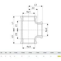 Raccordo a ø1.1/4"Fx1/2"Fx1.1/4"F bronzo, filettature Rp 650735