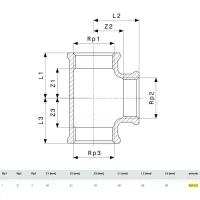 Raccordo a Tee ø1"Fx1/2"Fx1"F bronzo, filettature Rp 362515