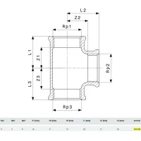 Raccordo a Tee bronzo F F 3/4"x1/2"x3/4, filettature Rp 264468