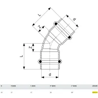 Curva a 45° FF D. 42 Prestabo con SC‑Contur, acciaio al carbonio zincato, estremità a pressare femmina 558314