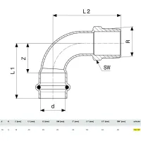 Curva a 90° F 18x1/2" M Prestabo con SC‑Contur, acciaio al carbonio zincato, estremità a pressare femmina, filettatura R 558420