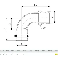 Curva a 90° F 22x3/4" M Prestabo con SC‑Contur, acciaio al carbonio zincato, estremità a pressare femmina, filettatura R 558437