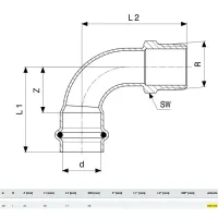 Curva a 90° F 28x1" M Prestabo con SC‑Contur, acciaio al carbonio zincato, estremità a pressare femmina, filettatura R 558444