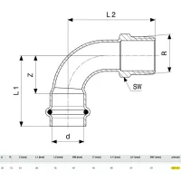 Curva a 90° F 35x1.1/4" M Prestabo con SC‑Contur, acciaio al carbonio zincato, estremità a pressare femmina, filettatura R 558451