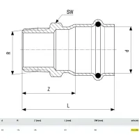 Manicotto Prestabo F 42x1.1/2" M con SC‑Contur, acciaio al carbonio zincato, estremità a pressare femmina, filettatura R 559069