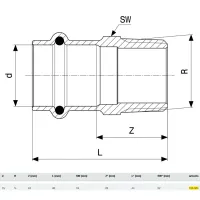 Manicotto Sanpress con SC‑Contur bronzo F ø15 x 1/2"M, estremità a pressare femmina, filettatura R 105044