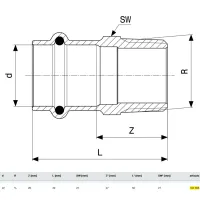 Manicotto Sanpress con SC‑Contur bronzo F ø22 x 3/4"M, estremità a pressare femmina, filettatura R 104306