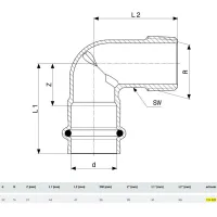 Curva a 90° Sanpress F 22x3/4" M con SC‑Contur bronzo, estremità a pressare femmina, filettatura R 115623