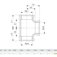 Raccordo a Tee ø1.1/4"Fx3/4"Fx1.1/4"F bronzo, filettature Rp 650742