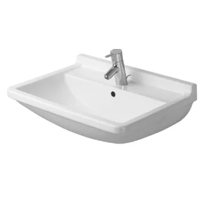 Duravit STARCK 3 lavabo 60 cm monoforo, con troppopieno e bordo per rubinetteria, lato inferiore smaltato, colore bianco 0300600000