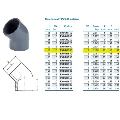 Gomito a 45° PVC-U metrico ø50 PN16 per incollaggio INPFGY150000