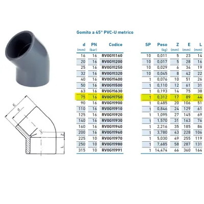 Gomito a 45° PVC-U metrico ø75 PN16 per incollaggio INPFGY175000