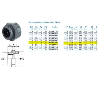 Manicotto ridotto filettato Rp-Rp PVC-U 2"x1"1/2 INPFMR263F00