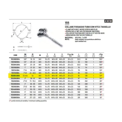 155 Collare fissaggio tubo ø54 con vite e tassello inox 304 155054304