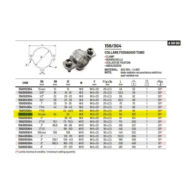 156 Collare fissaggio tubo ø54 dado saldato inox 304 156054304