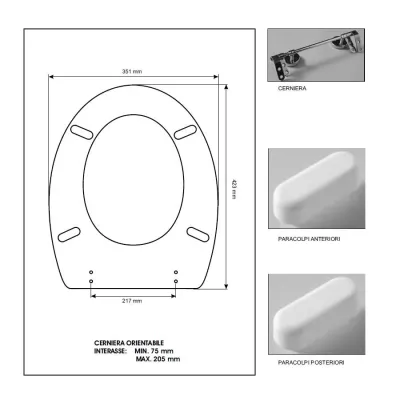 Copriwater in resina poliestere 35,1 x 21,7 cm - interasse 75 - 205 mm per wc Ideal Standard 28119501.