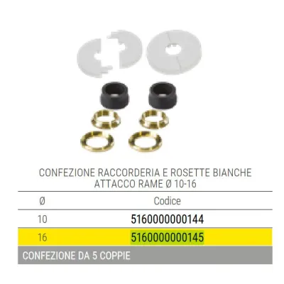 Confezione 5 coppie raccorderia e rosette bianche attacco rame ø16 5160000000145