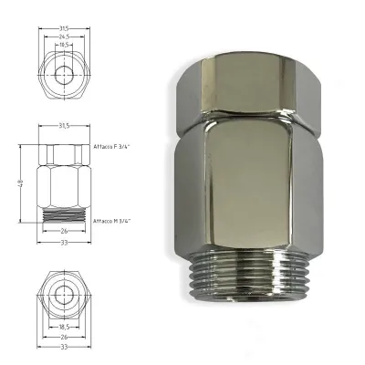 Prolunga senza foro con dado girevole 3/4"x3/4" in ottone cromato. 786507OC