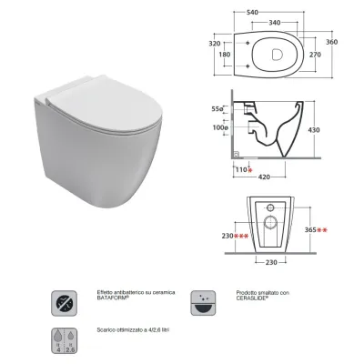 4ALL VASOMULTI 2.0 Vaso a terra 54.36 h43 cm. con carico e scarico regolabile MULTI .Installazione filo parete. MD005BI