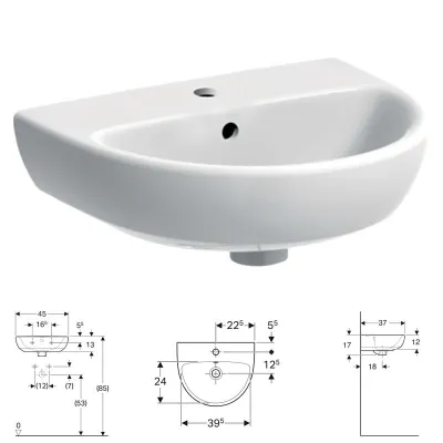 Geberit SELNOVA lavamani L.45 cm, con foro rubinetteria e troppopieno, colore bianco finitura lucido 500.324.01.7