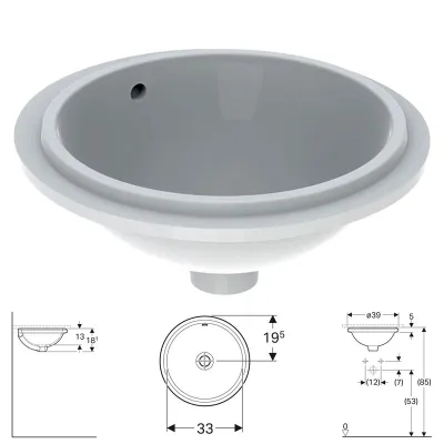 Geberit VARIFORM lavabo rotondo sottopiano da incasso 39 cm, senza foro rubinetteria, con troppopieno, colore bianco finitura lucido 500.744.01.2