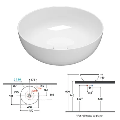 T-EDGE Lavabo ø 45 h16 cm. Installazione da appoggio. Peso 8 Kg B6T45BI