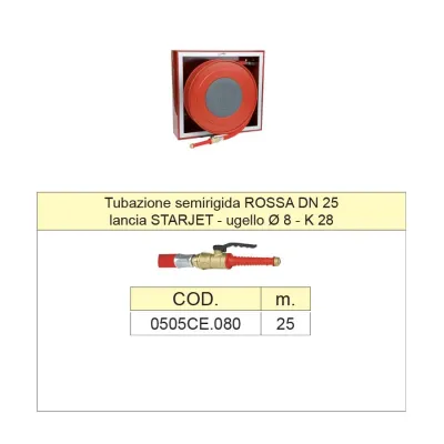 Art.80/F Basic line - cassetta acciaio, con lastra - naspo orientabile a parete da interno uni en 671-1. Marcato CE. Certificato n. 0497-CPR-171 - L. 25 metri - Tubazione semirigida rossa DN25 - lancia Starjet ugello ø 8 - K 28 0505CE.080