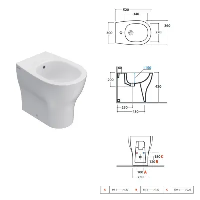 GRACE Bidet a terra 52.36 h 43 cm. MULTI Installazione filo parete GR012BI