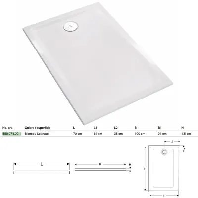 Piatto doccia rettangolare Geberit tipo 45 dim. 100x70 cm 550.074.00.1