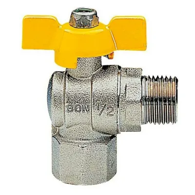 Rubinetto a sfera 1/2" x 1/2" per gas combustibili a squadra femmina/maschio con farfalla, per tubo flessibile, nichelato G0361N04