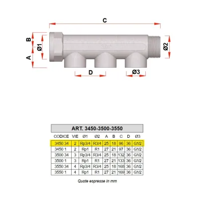 3450 - Collettore maschio-femmina cromato INT. 36 mm - Misura 3/4" - 2 derivazioni 3450 34