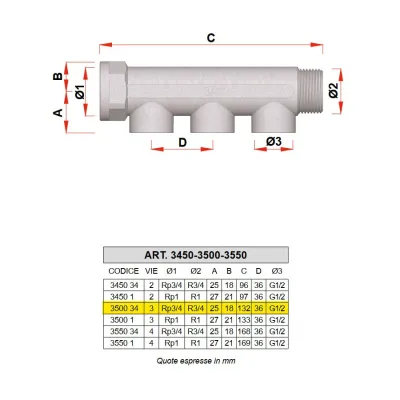 3500 - Collettore maschio-femmina cromato INT. 36 mm - Misura 3/4" - 3 derivazioni 3500 34