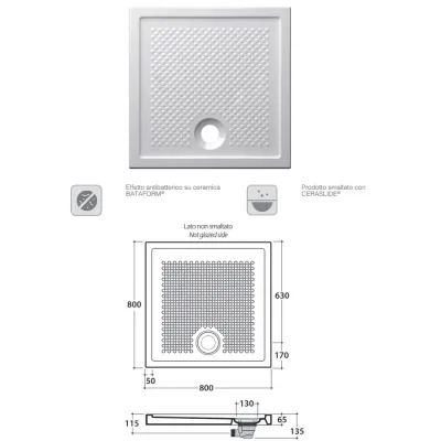 Piatto doccia 80 x 80 h6,5 cm. in ceramica. Installazione da appoggio o filo pavimento. Bianco lucido. DV080BI