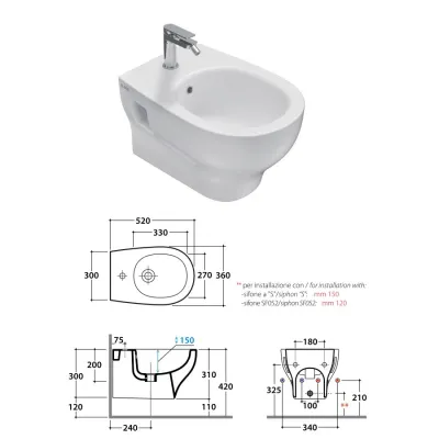 Bidet sospeso monoforo 52x36 h31 cm. Fissaggi non inclusi. Peso 19 Kg GRS09BI