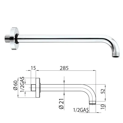 Braccio doccia in ottone, a 90° ø 21 mm 1/2"mm con rosone, mm. 300 H19000G00030003