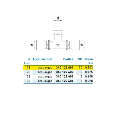 Tee intermedio d.16 acqua/gas 340122601