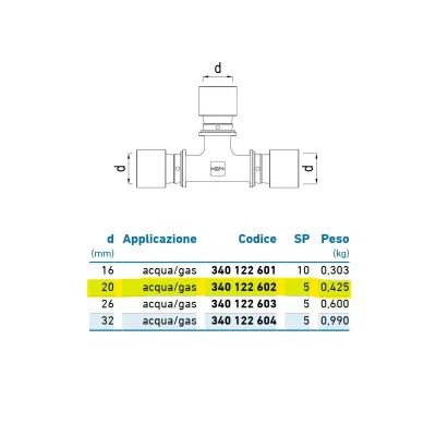 Tee intermedio d.20 acqua/gas 340122602