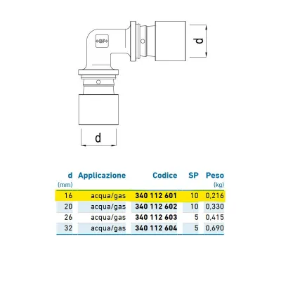 Gomito intermedio 90° d.16 acqua/gas 340112601