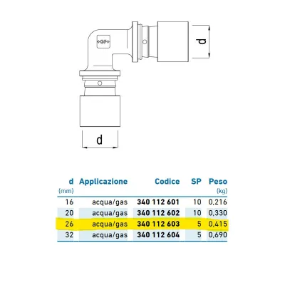 Gomito intermedio 90° d.26 acqua/gas 340112603