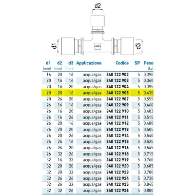 Tee ridotto intermedio 90° d.20 x 20 x 16 acqua/gas 340122905
